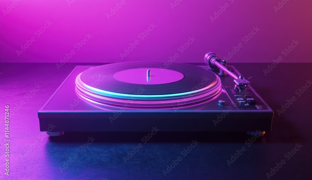 Poster lit record player with neon glow on dark surface.