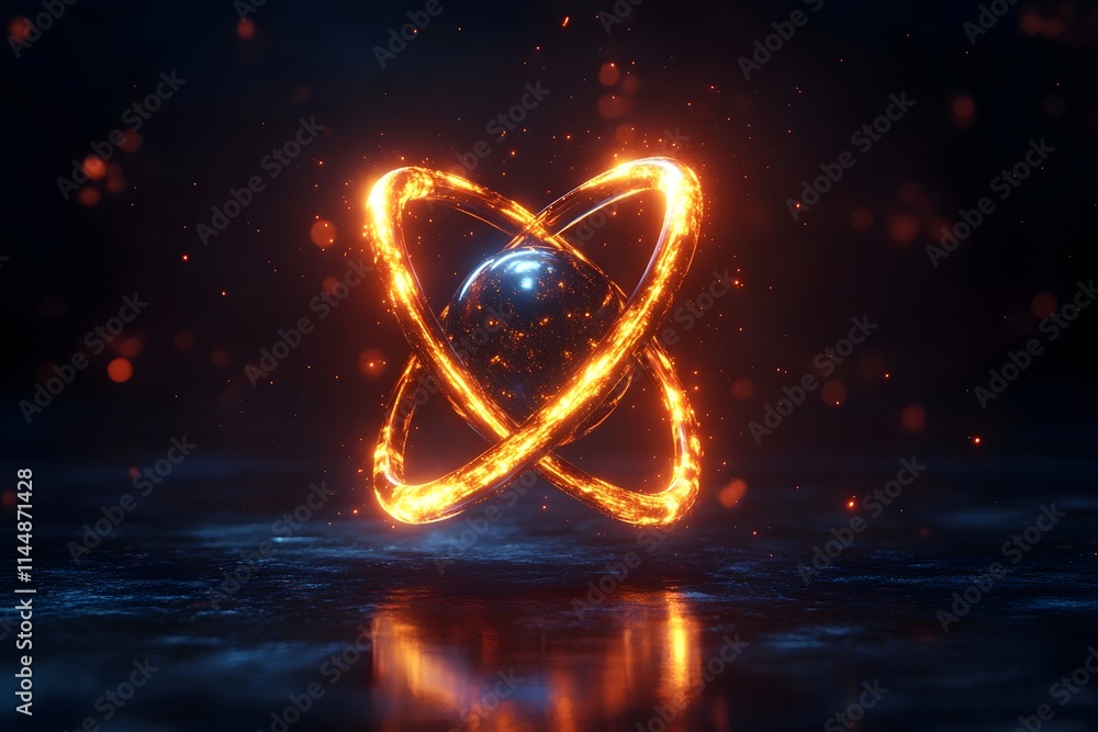 Aufkleber interpretation of a technetium atom emphasizing its unique electronic properties and diverse medical