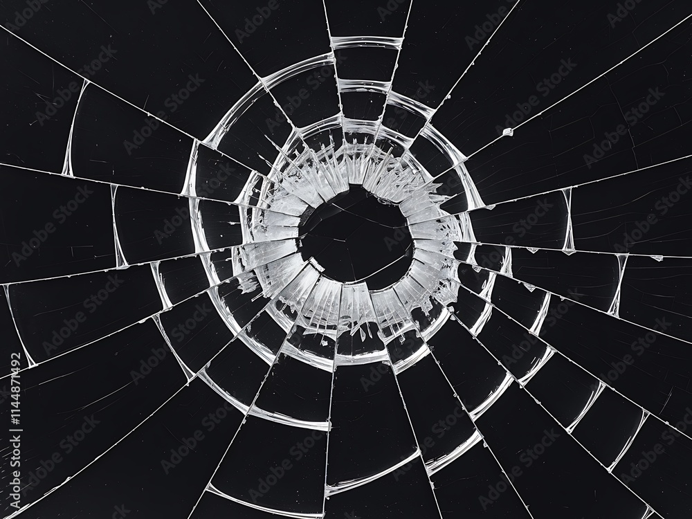 Poster abstract fractal background with circles, stark black-and-white image of a broken glass window with 