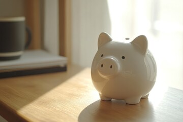 Piggy bank on wooden table with natural light.