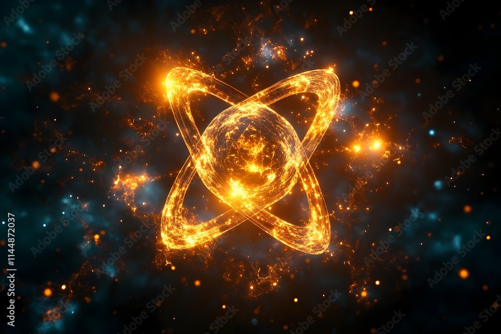 Poster exploded diagram of a technetium atom demonstrating its composition and vital role in cutting edge n