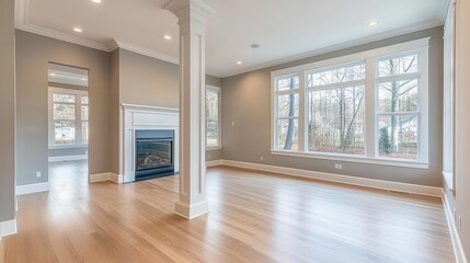 Obraz premium Empty interior with fireplace, window, and wood floor.