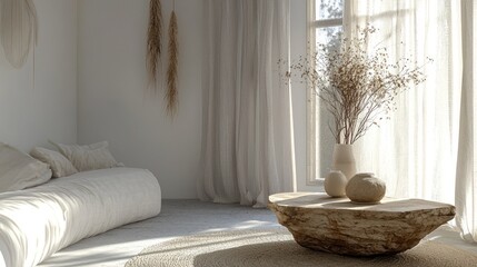 Minimalist interior with sofa, wooden table, dried flowers and sunlight.