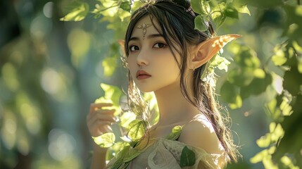 Beautiful Asian girl fairy mystical fantasy elf, surrounded by magical forest, with sunlight background wallpaper AI generated image
