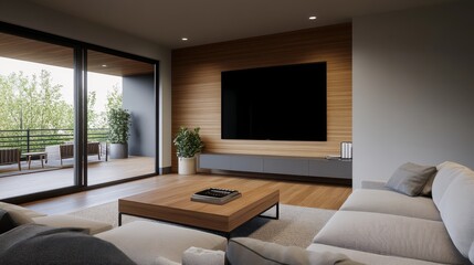 Fototapeta premium Modern living room with minimalistic design featuring a wooden accent wall and spacious balcony view