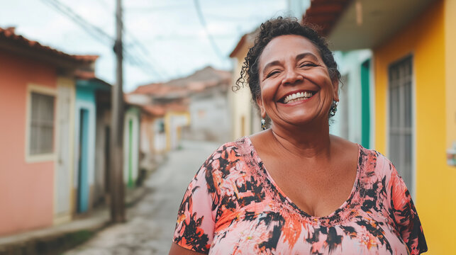 Joyful Brazilian Woman Smiling on a Colorful Street in Small Town