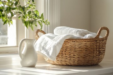 Basket with towels and a pitcher sit by a sunny window.