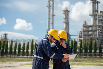 Refinery industry, engineer working in industrial production, oil and gas refinery plant industry factory