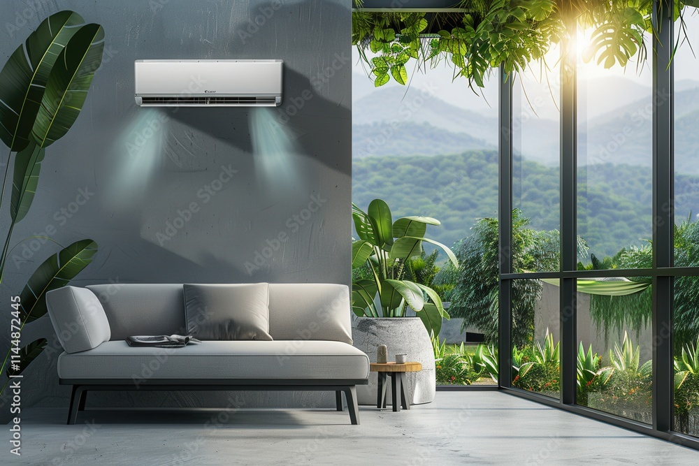 Poster air conditioner mounted on the wall beside an open window with greenery and mountain view in a cozy 