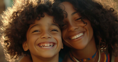 Fototapeta premium Joyful Mother and Child Smiling in Natural Light