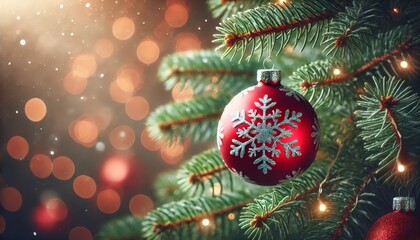 Beautiful red christmas ball with silver snowflakes hanging on a christmas tree with warm lights and soft snowflakes falling in the background, creating a magical christmas atmosphere