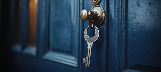 Key hanging from a golden door knob on a blue door.