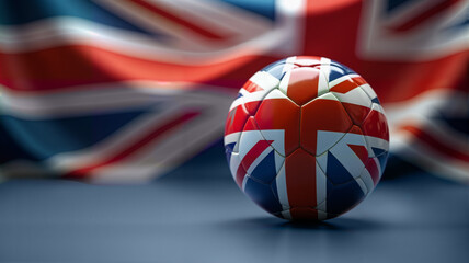 A soccer ball decorated with the Union Jack rests on a surface, with the British flag blurred in the background. Perfect for sports marketing, events, and British culture themes, copy space, blank