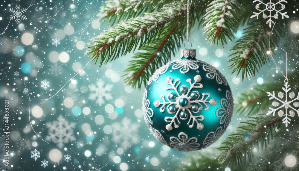 Poster beautiful teal christmas ornament with snowflake design hanging on a snow-covered pine tree branch a
