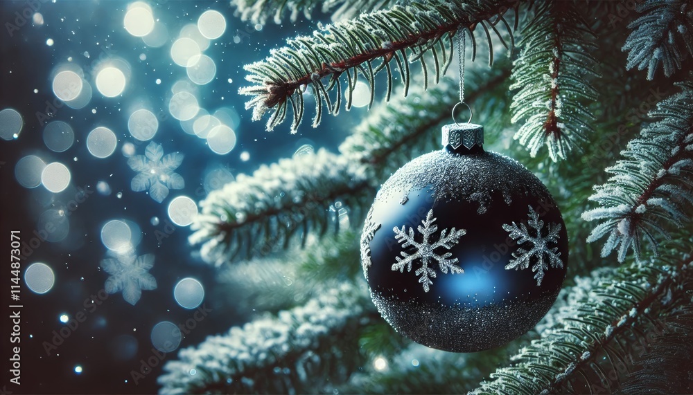 Poster beautiful dark blue christmas ball with snowflakes design hanging on a snowy pine tree branch, creat