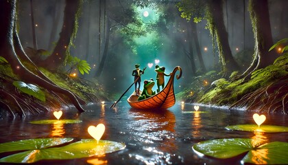 A fictional illustration of a pair of frogs in love floating in a boat on a forest river in the fog. Valentine's Day Greeting Card