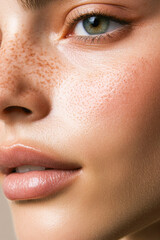 Fototapeta premium Close-up of young caucasian female with freckles and natural makeup