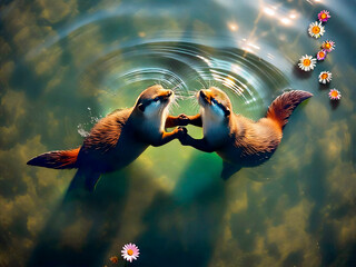 A fictional illustration of an otter couple in love in a pond. Valentine's Day Greeting Card. Love is everywhere