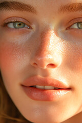 Fototapeta premium Close-up of young caucasian female face with freckles and natural makeup