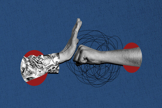 Composite trend artwork sketch image photo collage of abuse harassment victim violence incognito two hand gesture fist attack stop