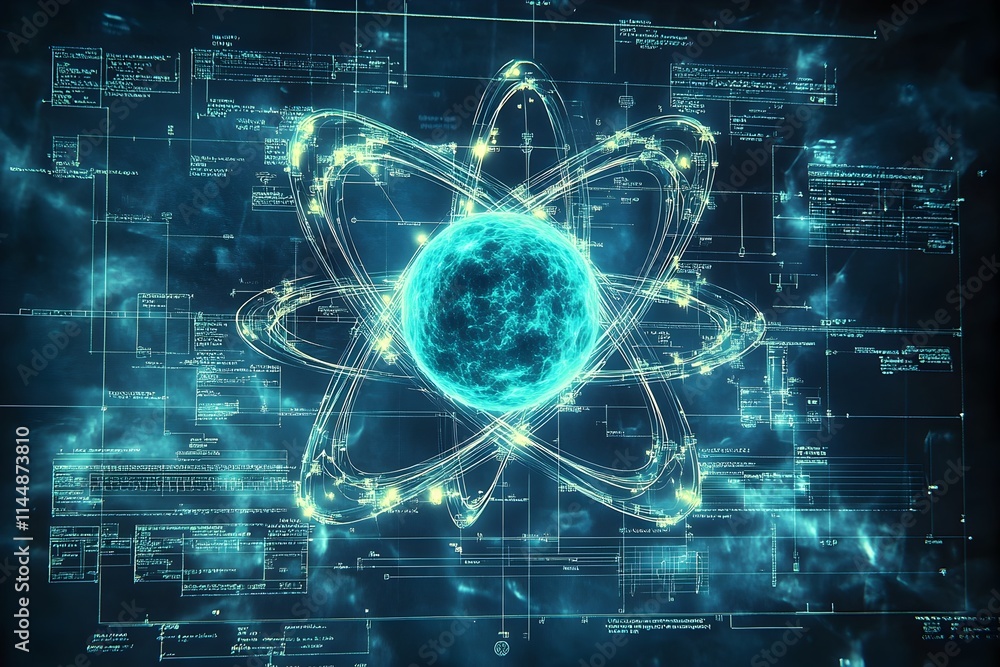 Poster meticulously rendered exploded diagram of technetium atom showcasing its composition and diagnostic 