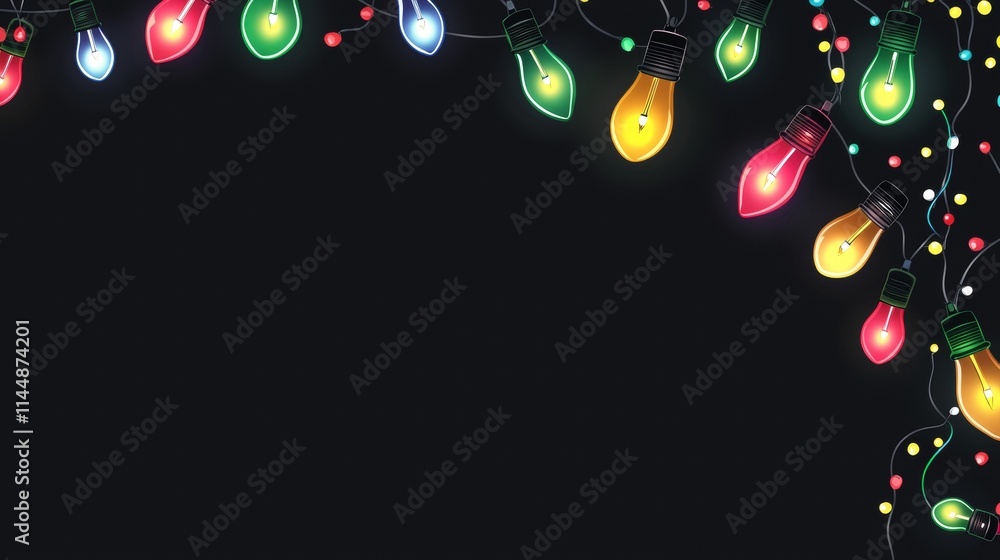 Poster glowing colorful light bulbs hanging on a string against a dark background create a festive atmosphe