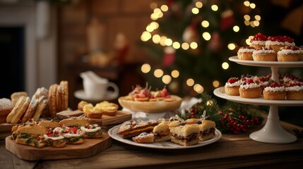 Fototapeta premium Delicious christmas cakes, cookies, and pastries arranged on a wooden table with a decorated christmas tree in the background creating a warm and festive atmosphere