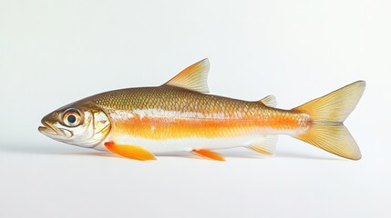 fish resting on white background isolated with ample copy space on left fish bright colors contrasting beautifully