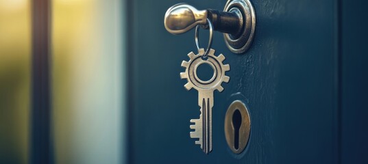 Key in the lock, gear shaped, door handle.