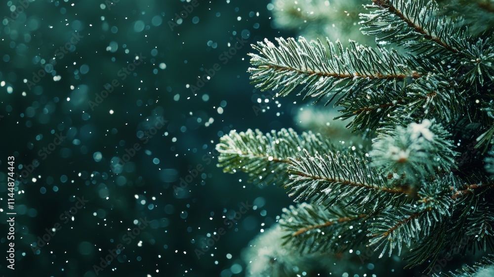 Poster snowflakes are gently falling on frosted pine tree branches, creating a magical winter wonderland sc