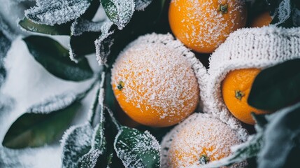 Close-up view of frozen oranges blanketed in snow on frosty branches, nestled inside a reusable shopping bag, capturing the essence of a winter citrus scene
