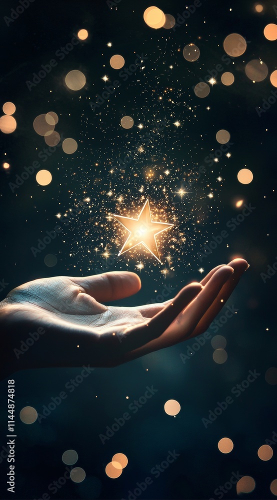 Aufkleber open hand holding a bright glowing star surrounded by sparkling particles and bokeh lights effect, c