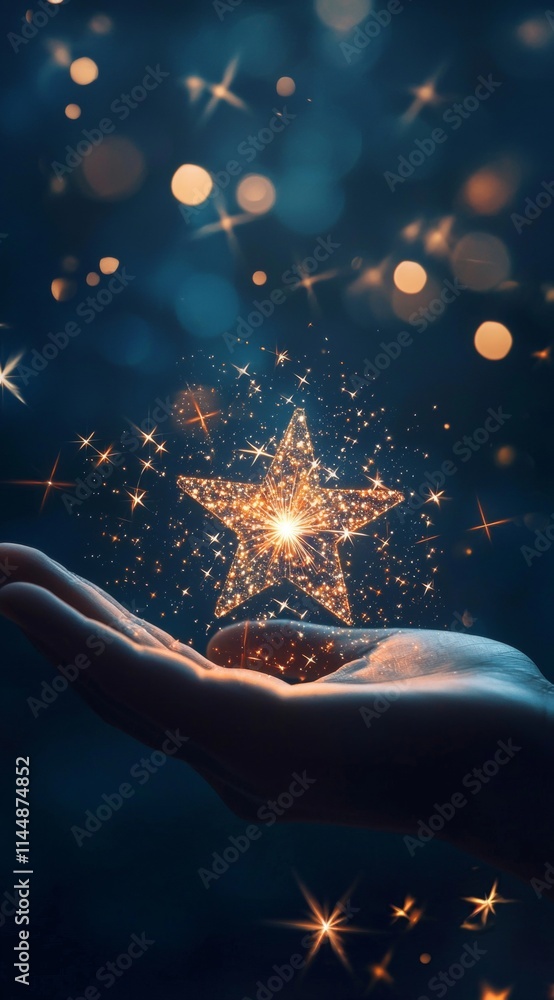 Aufkleber open hand holding a bright glowing star surrounded by sparkling particles against a blurred dark bac