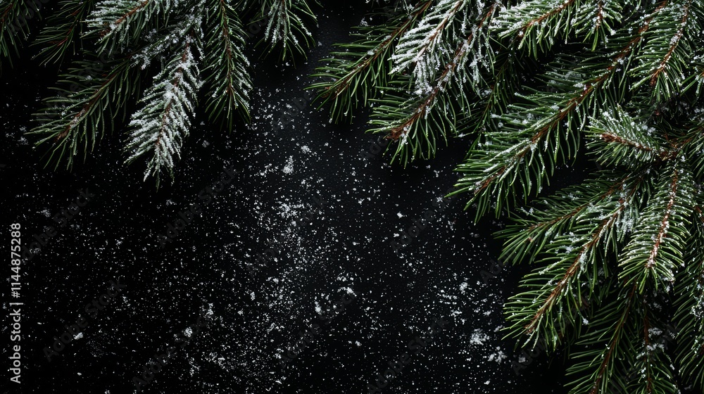 Poster christmas fir tree branches covered with snow creating a festive frame on a black background with co