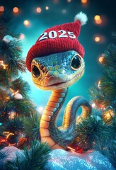 Fototapeta premium Cute cartoon snake wearing a red and white christmas hat with the year 2025 on it sits near a decorated christmas tree, celebrating the upcoming holiday season in a whimsical, festive scene