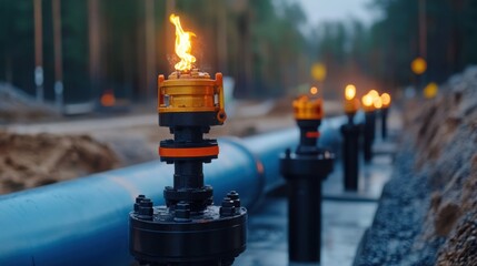 Industrial Pipeline with Flame Emission in Forest Area During Dusk Lighting for Energy and Transportation Projects