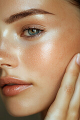 Fototapeta premium Close-up of young caucasian female with radiant skin care focus