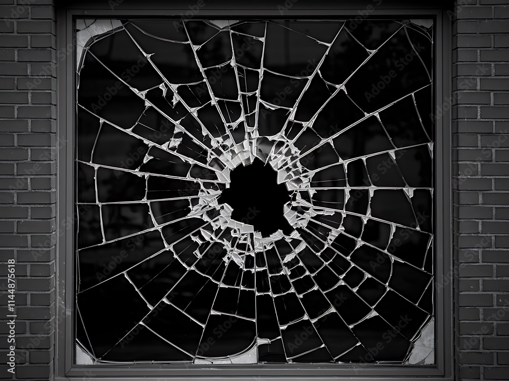 Poster abstract fractal background with circles, stark black-and-white image of a broken glass window with 