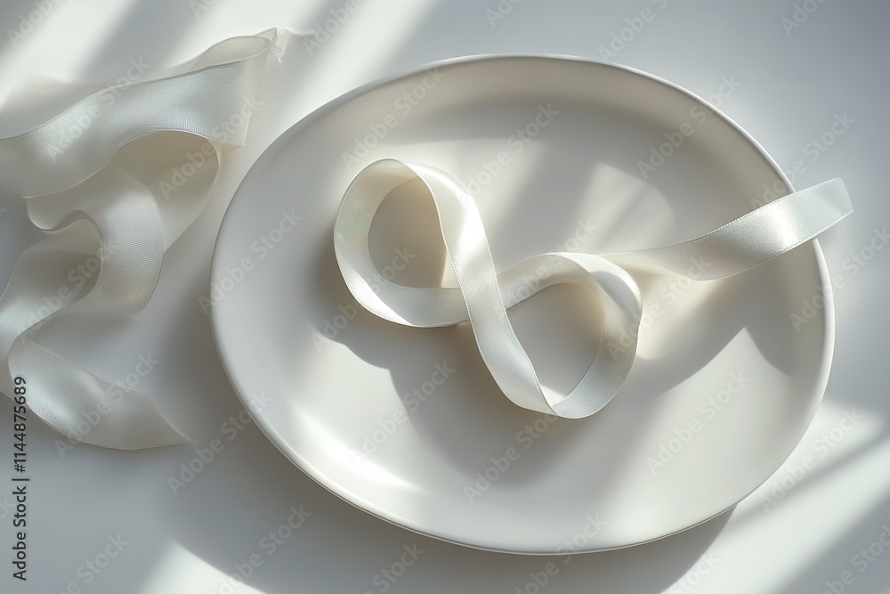 Poster flat lay of white ribbon placed in shape of infinity loop on smooth white ceramic plate under soft n