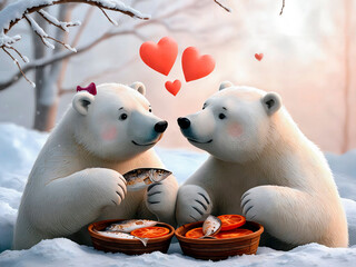 A fictional illustration of a loving pair of polar bears celebrating Valentine's Day over dinner in a winter forest