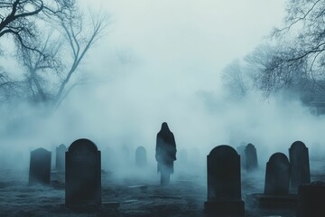 Foggy graveyard, lone figure, somber atmosphere.