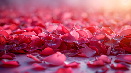 Vibrant rose petals spread across a softly lit surface at sunset