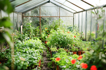 Lush greenhouse filled with vibrant plants and blossoming flowers