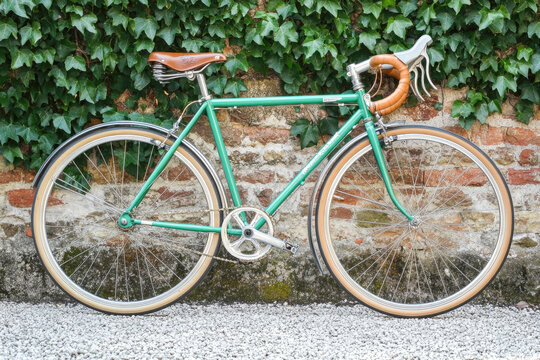 Vintage green bicycle with leather seat in front of ivy-covered brick wall