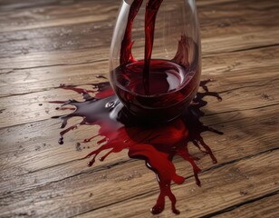 Dark red wine spilled, forming a puddle on wood, beverage, detail