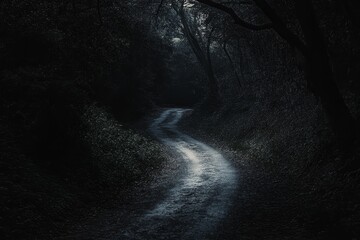 Fototapeta premium Night road curves through dark, wooded path.