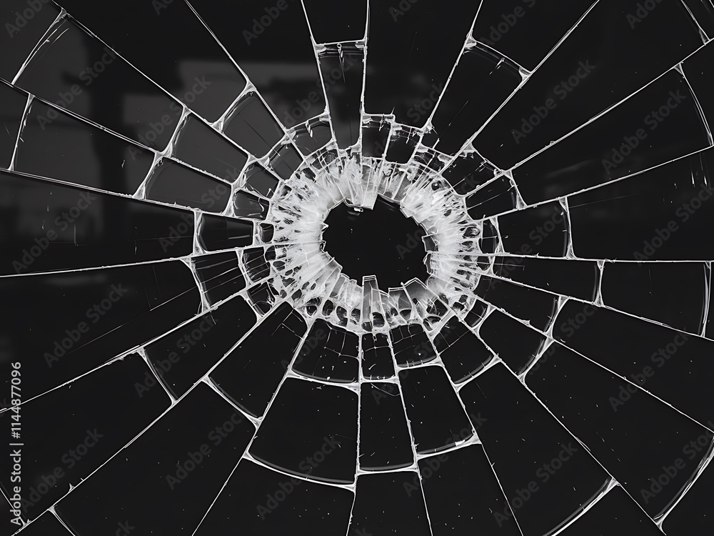 Poster abstract fractal background with circles, stark black-and-white image of a broken glass window with 
