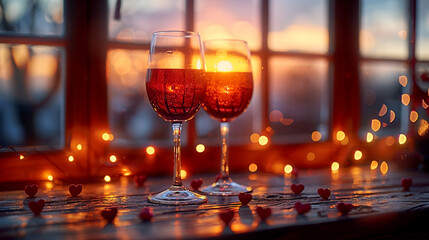 Romantic sunset with glasses of wine and glowing fairy lights in cozy setting