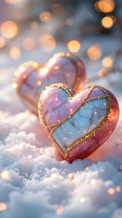 Fototapeta premium Two pink glass hearts with gold detailing rest in snowy scene, illuminated by warm bokeh lights. Festive, romantic winter ambiance.