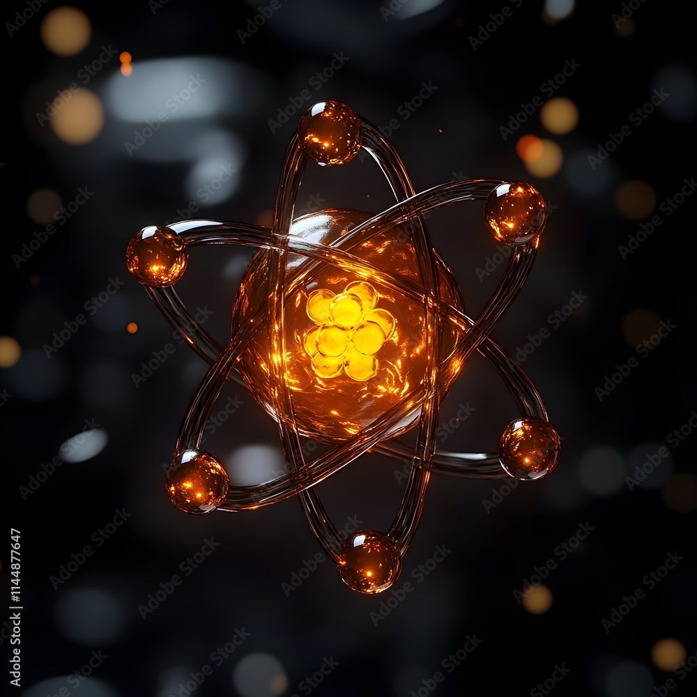 Poster exploded view of a technetium atom revealing its internal components and highlighting the role of it